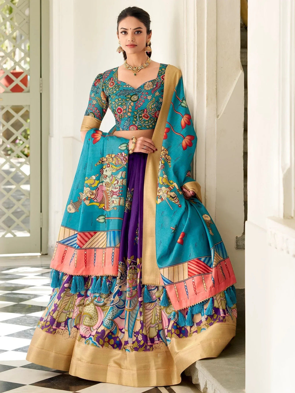 Adorable Purple Kalamkari Print Dola Silk Lehenga With Teal Blue Choli