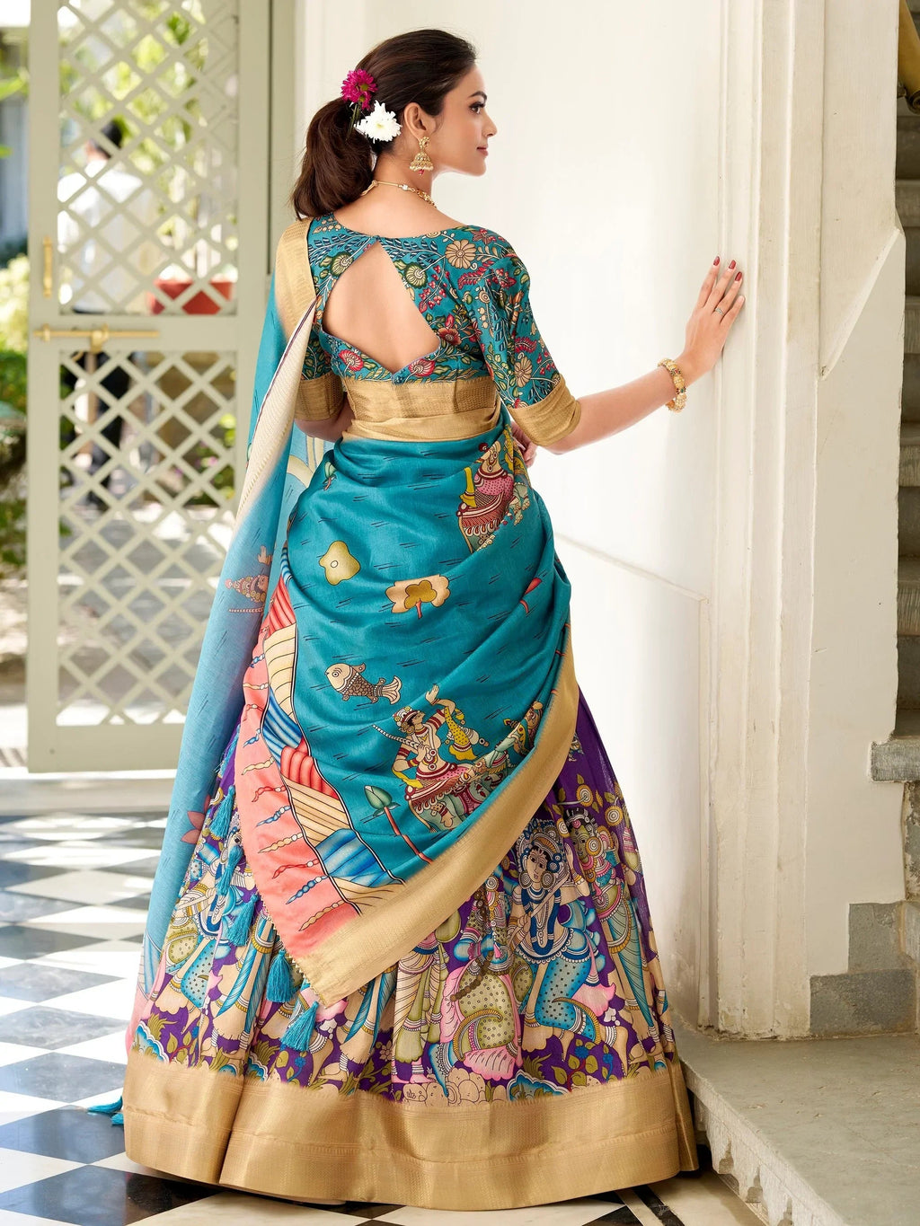 Adorable Purple Kalamkari Print Dola Silk Lehenga With Teal Blue Choli