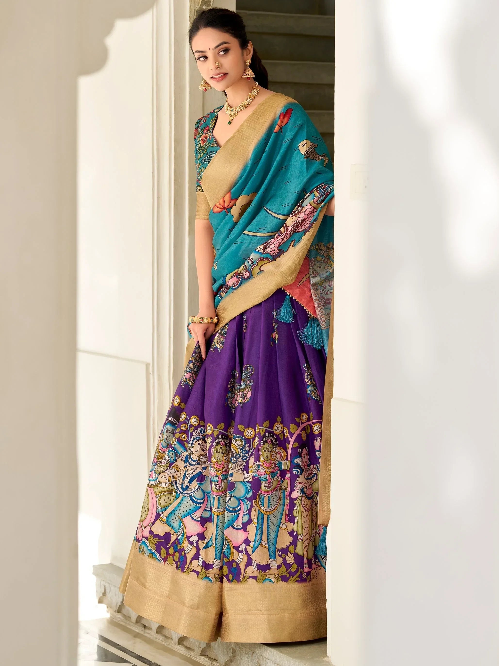 Adorable Purple Kalamkari Print Dola Silk Lehenga With Teal Blue Choli
