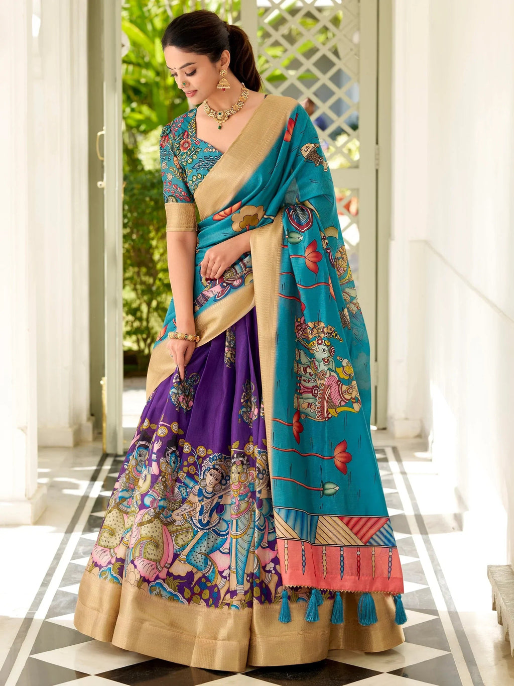 Adorable Purple Kalamkari Print Dola Silk Lehenga With Teal Blue Choli