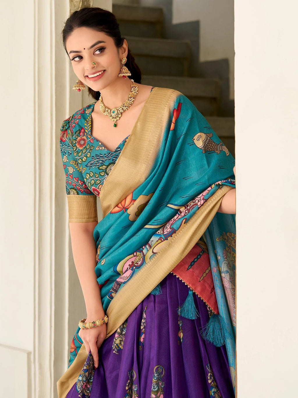 Adorable Purple Kalamkari Print Dola Silk Lehenga With Teal Blue Choli