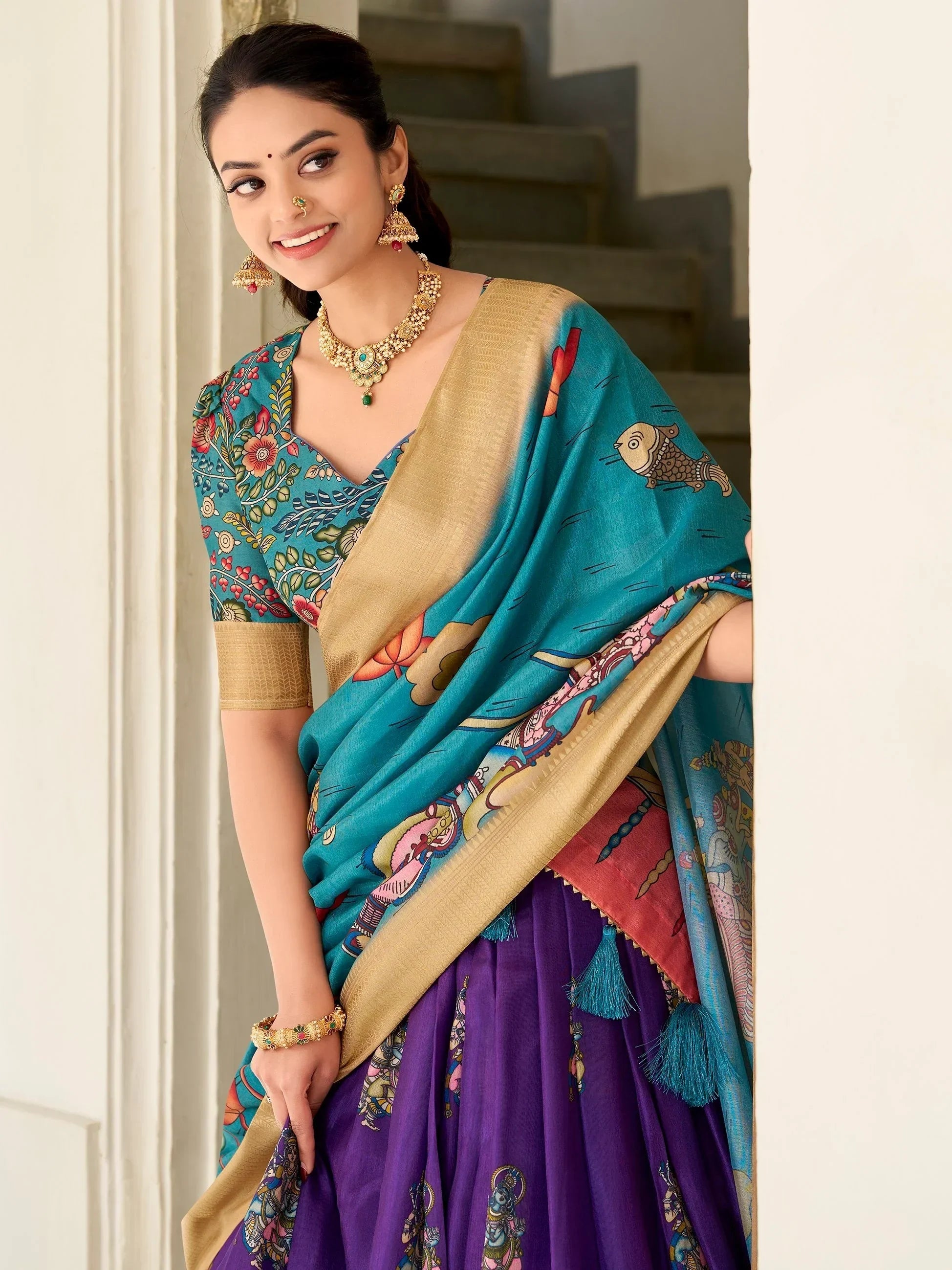 Adorable Purple Kalamkari Print Dola Silk Lehenga With Teal Blue Choli