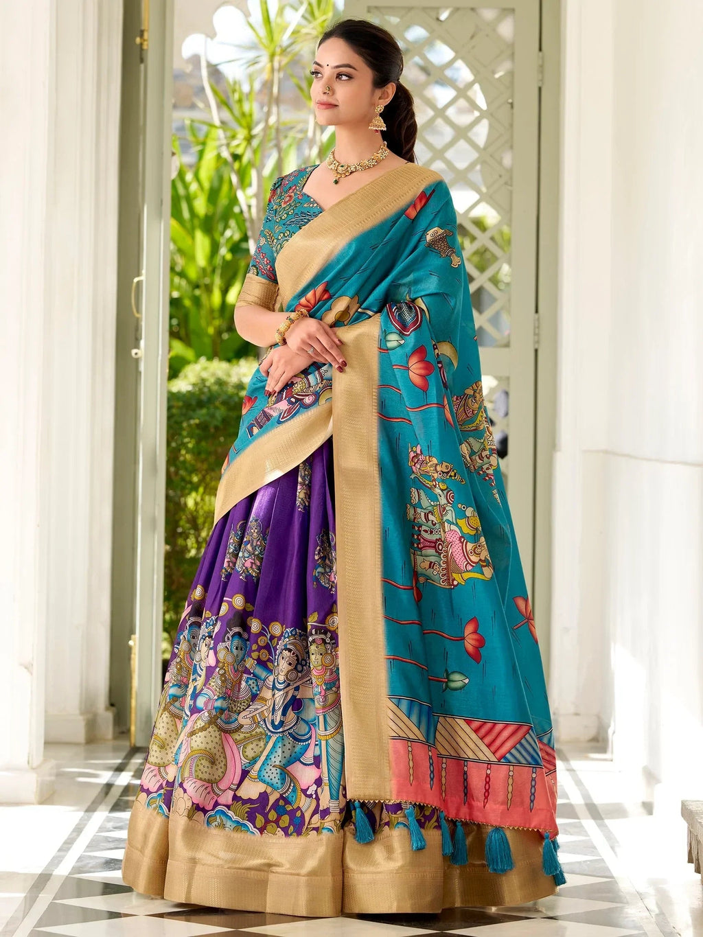 Adorable Purple Kalamkari Print Dola Silk Lehenga With Teal Blue Choli