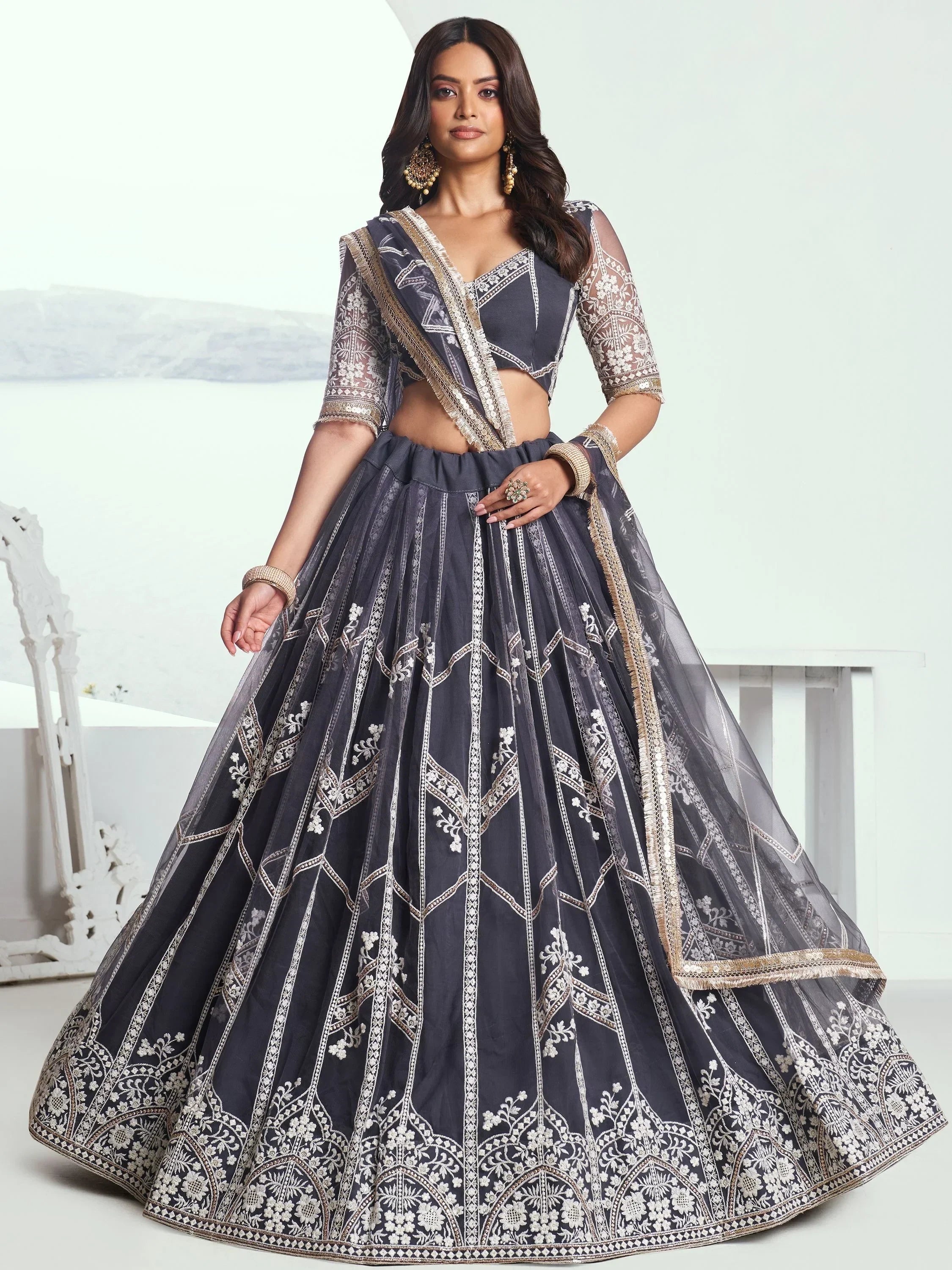 Adorable Slate Grey Embroidered Net Engagement Wear Lehenga Choli