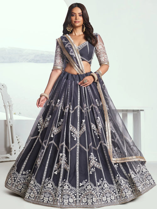 Adorable Slate Grey Embroidered Net Engagement Wear Lehenga Choli