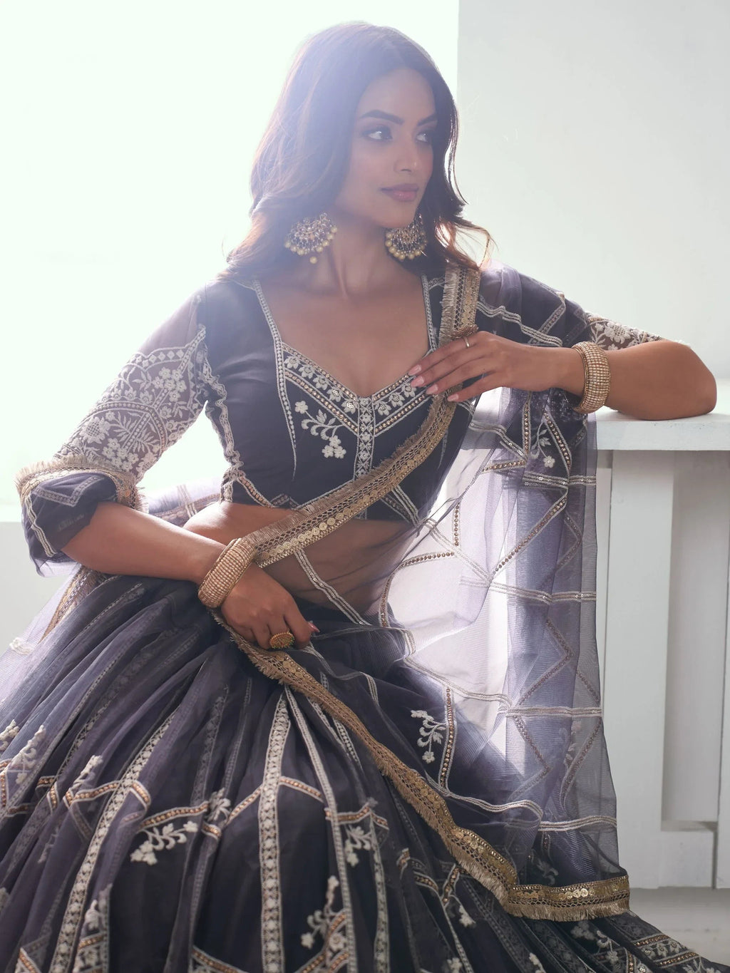 Adorable Slate Grey Embroidered Net Engagement Wear Lehenga Choli