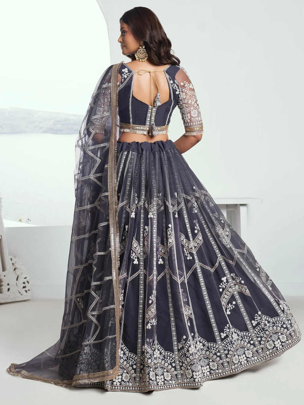 Adorable Slate Grey Embroidered Net Engagement Wear Lehenga Choli