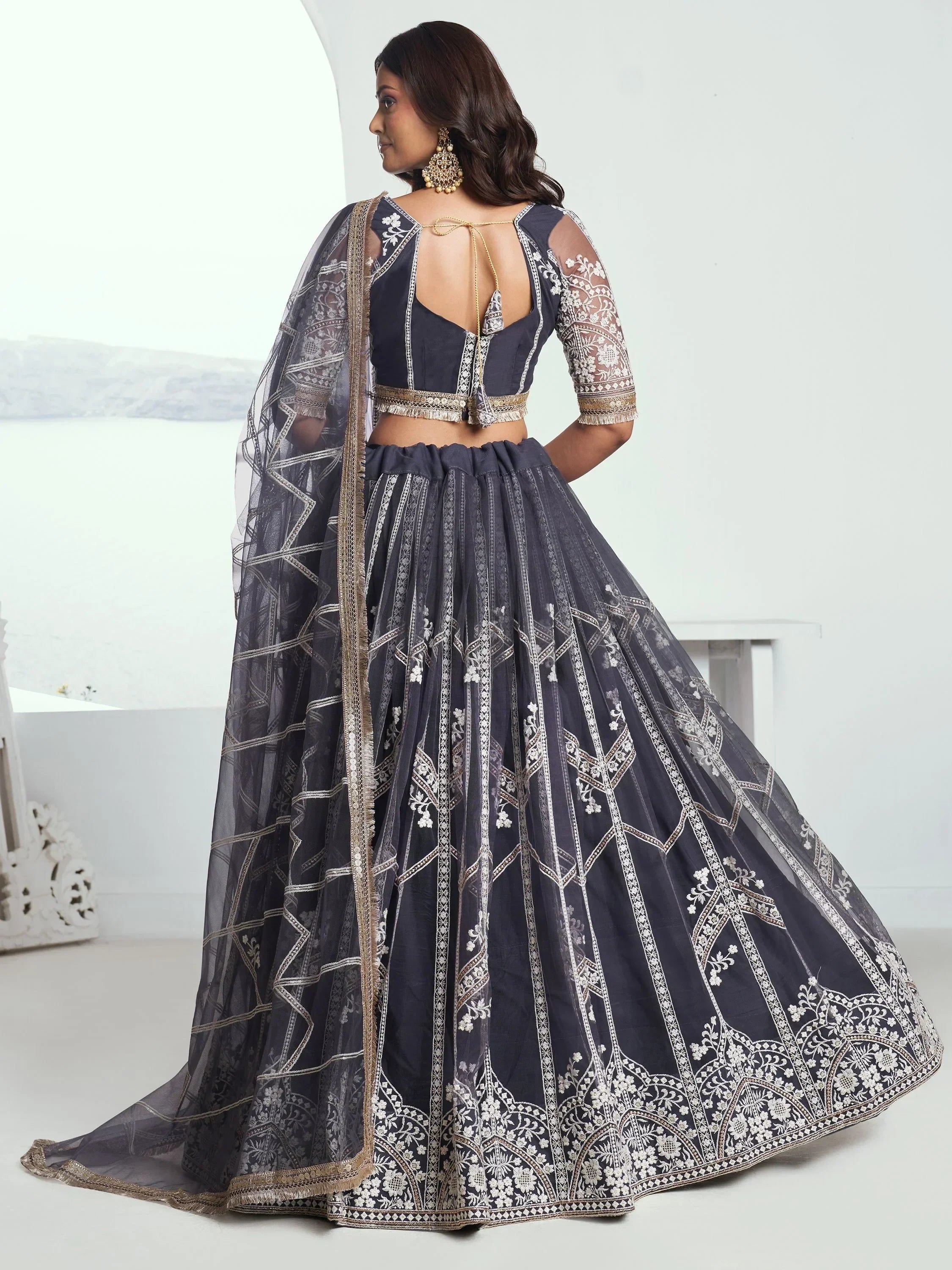 Adorable Slate Grey Embroidered Net Engagement Wear Lehenga Choli