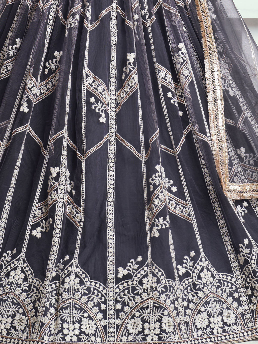 Adorable Slate Grey Embroidered Net Engagement Wear Lehenga Choli