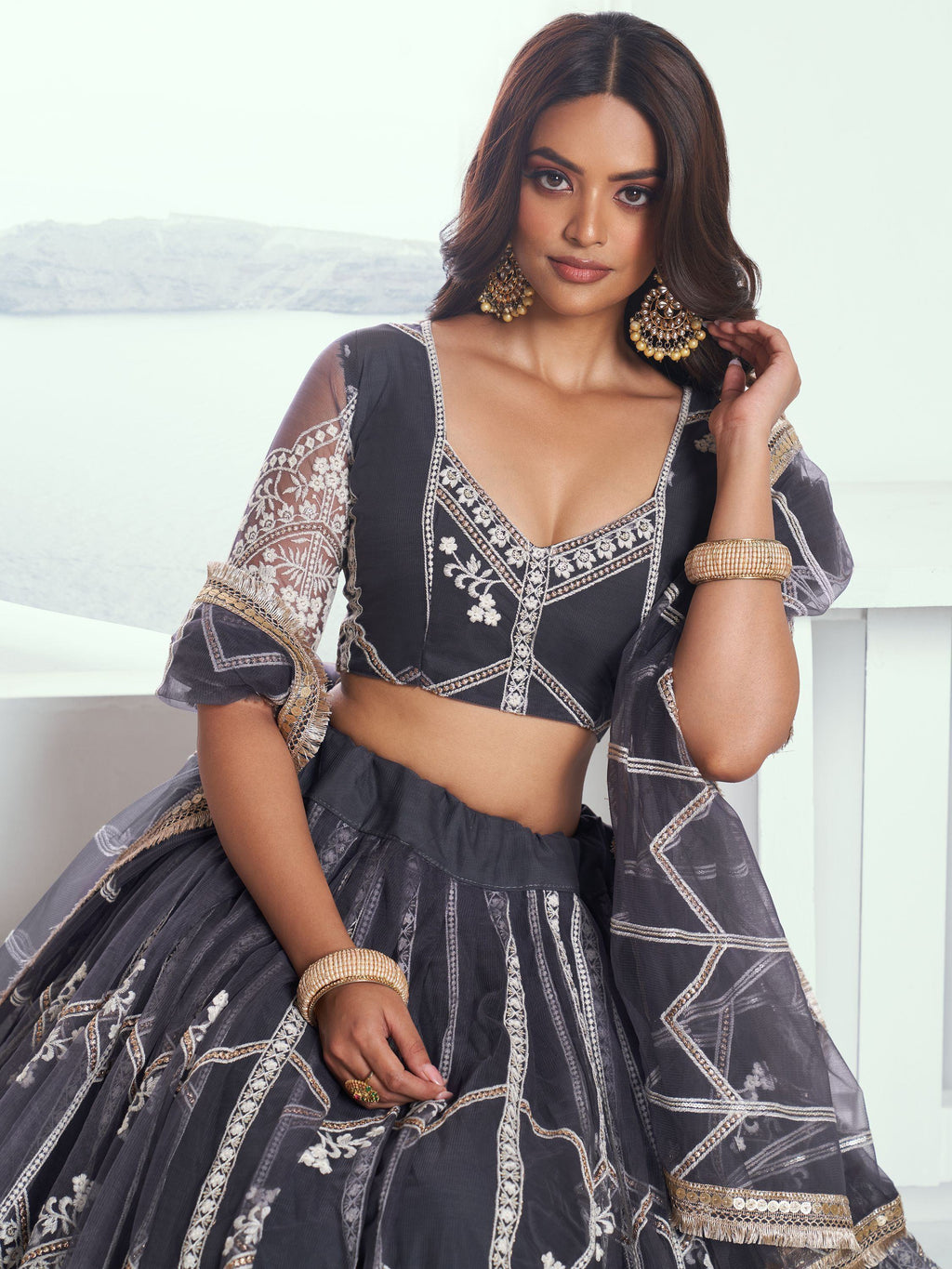 Adorable Slate Grey Embroidered Net Engagement Wear Lehenga Choli