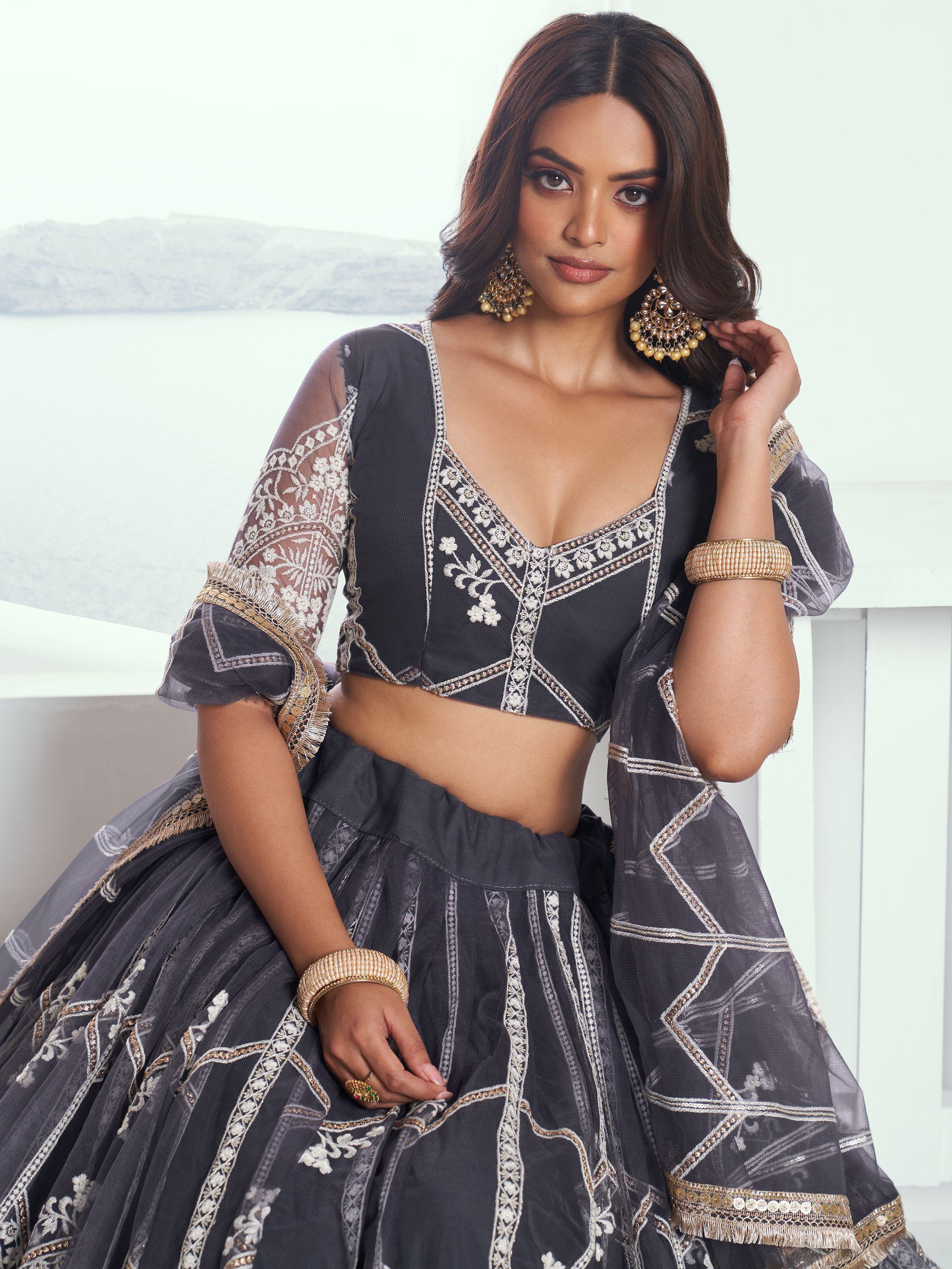 Adorable Slate Grey Embroidered Net Engagement Wear Lehenga Choli