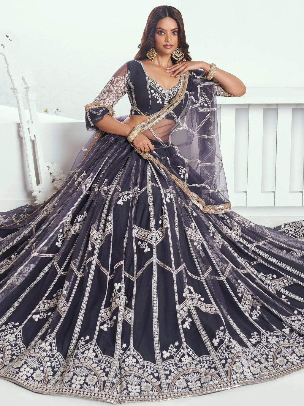 Adorable Slate Grey Embroidered Net Engagement Wear Lehenga Choli