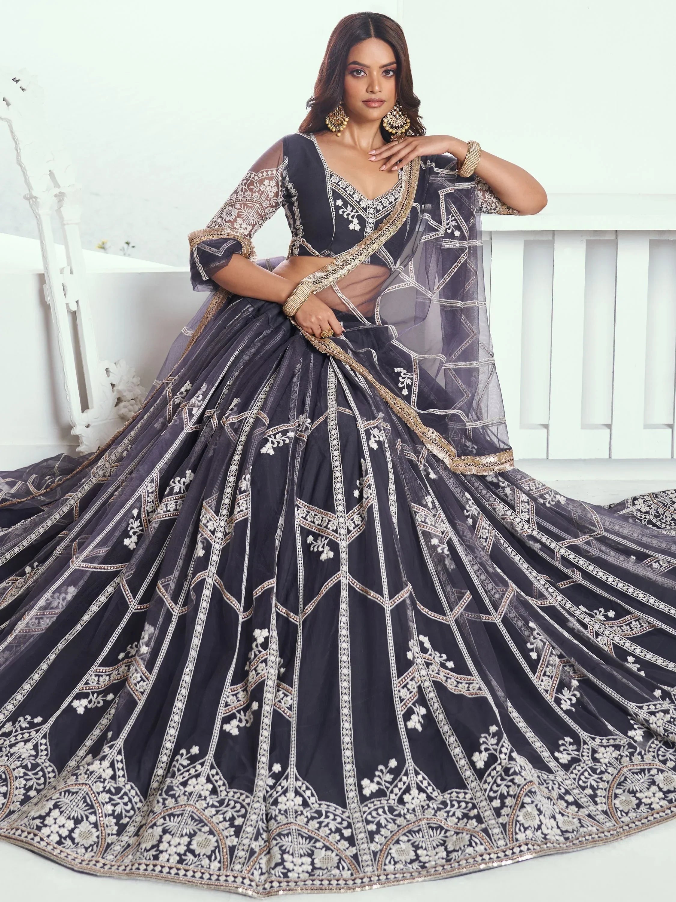 Adorable Slate Grey Embroidered Net Engagement Wear Lehenga Choli