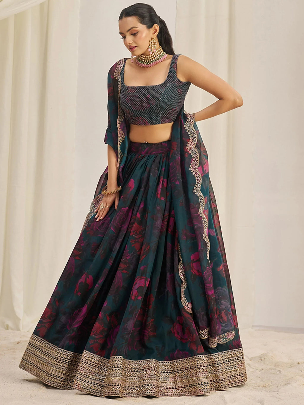 Adorable Teal Green Organza Function Wear Lehenga Choli With Dupatta
