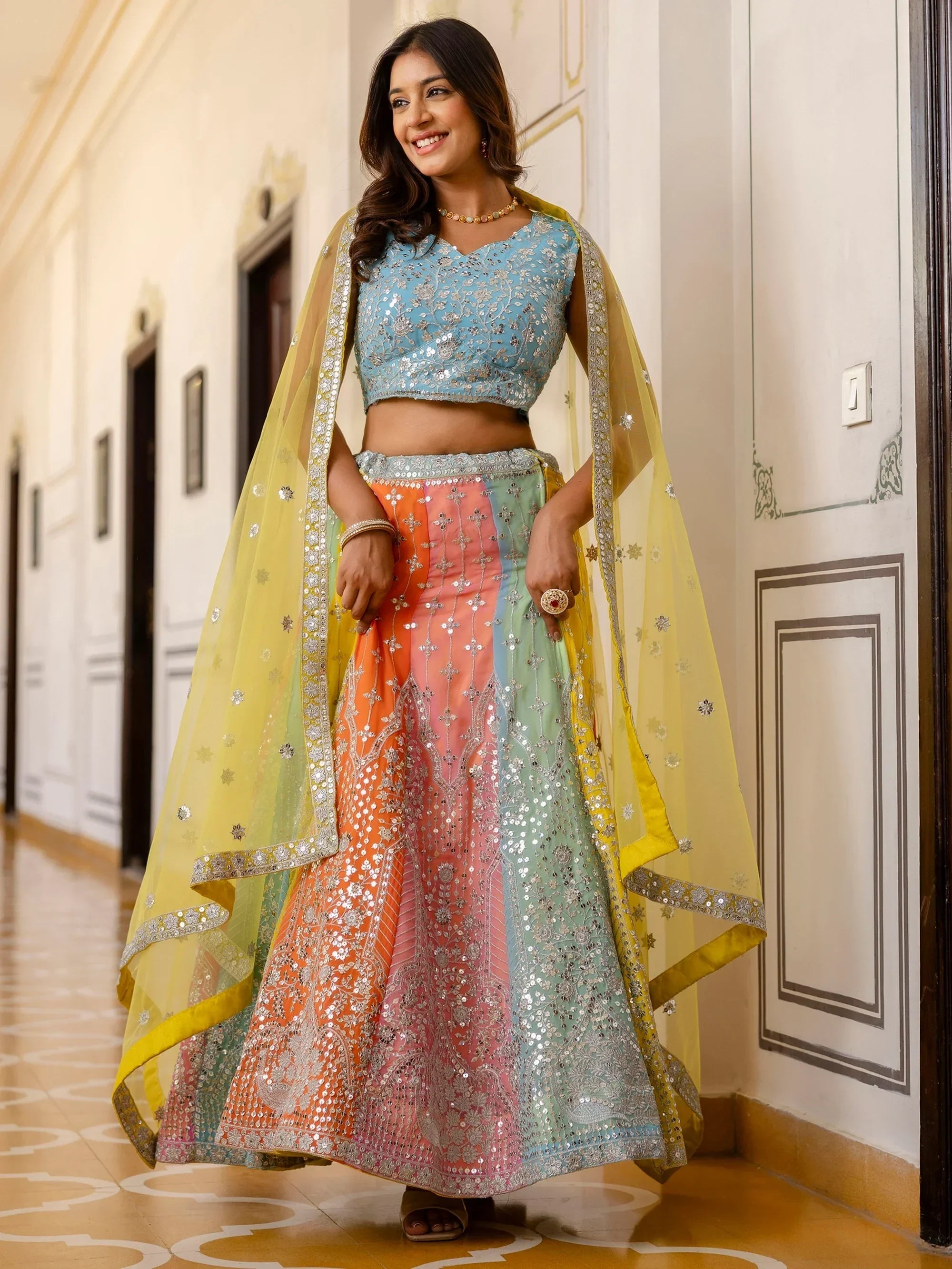 Adoring Multi Color Sequins Georgette Lehenga Choli With Dupatta