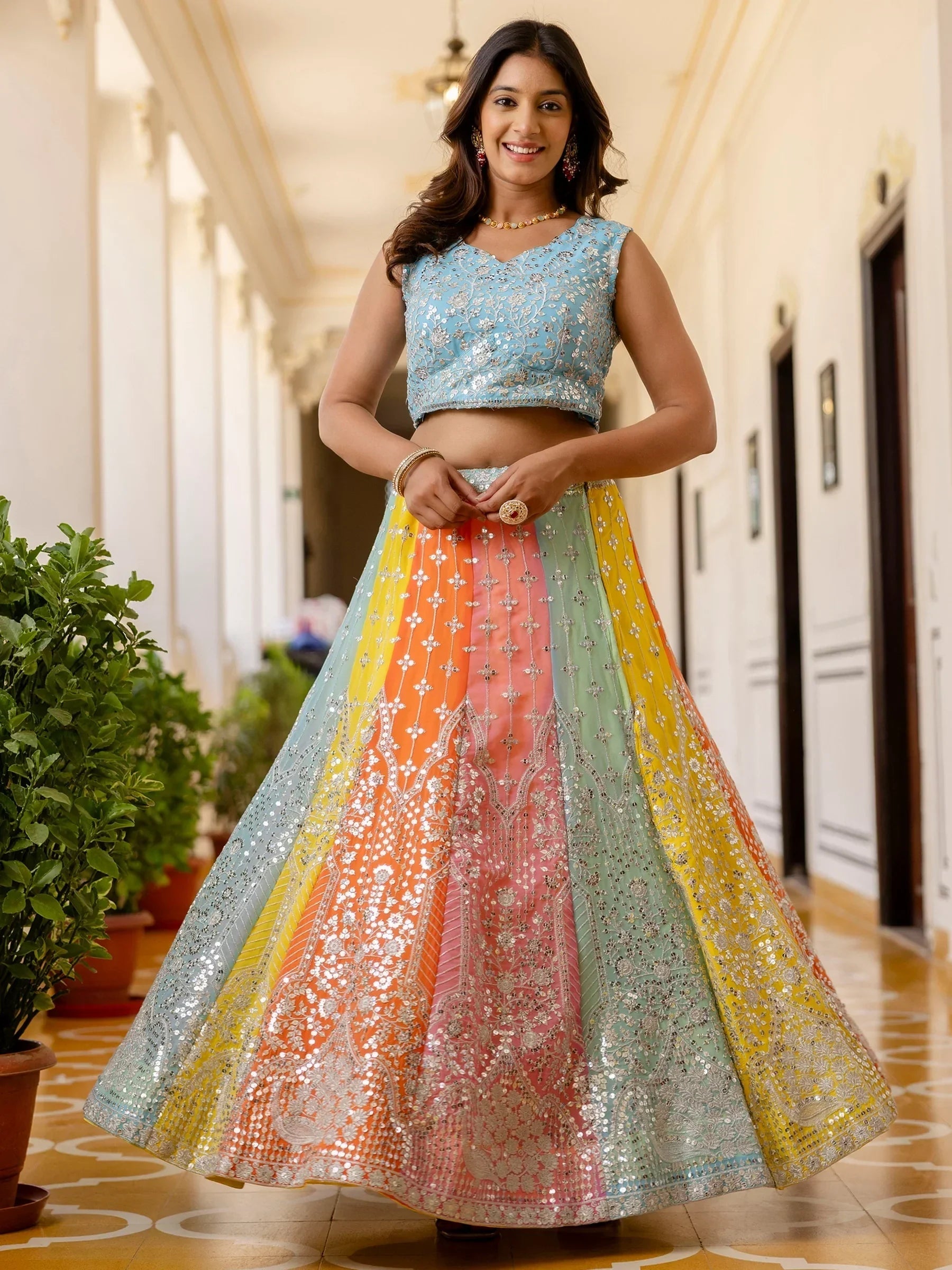 Adoring Multi Color Sequins Georgette Lehenga Choli With Dupatta