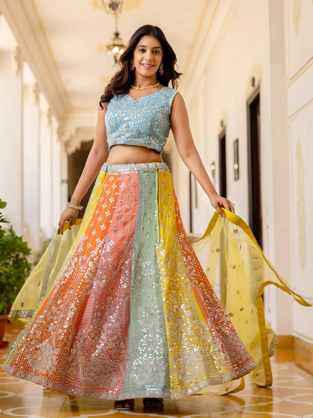 Adoring Multi Color Sequins Georgette Lehenga Choli With Dupatta