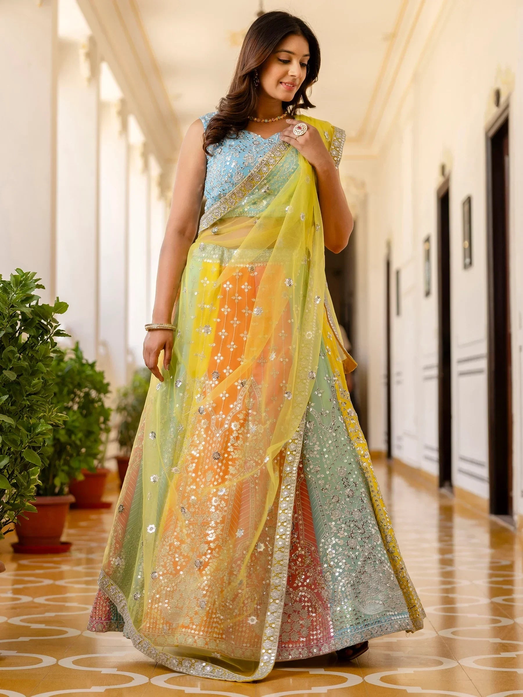 Adoring Multi Color Sequins Georgette Lehenga Choli With Dupatta