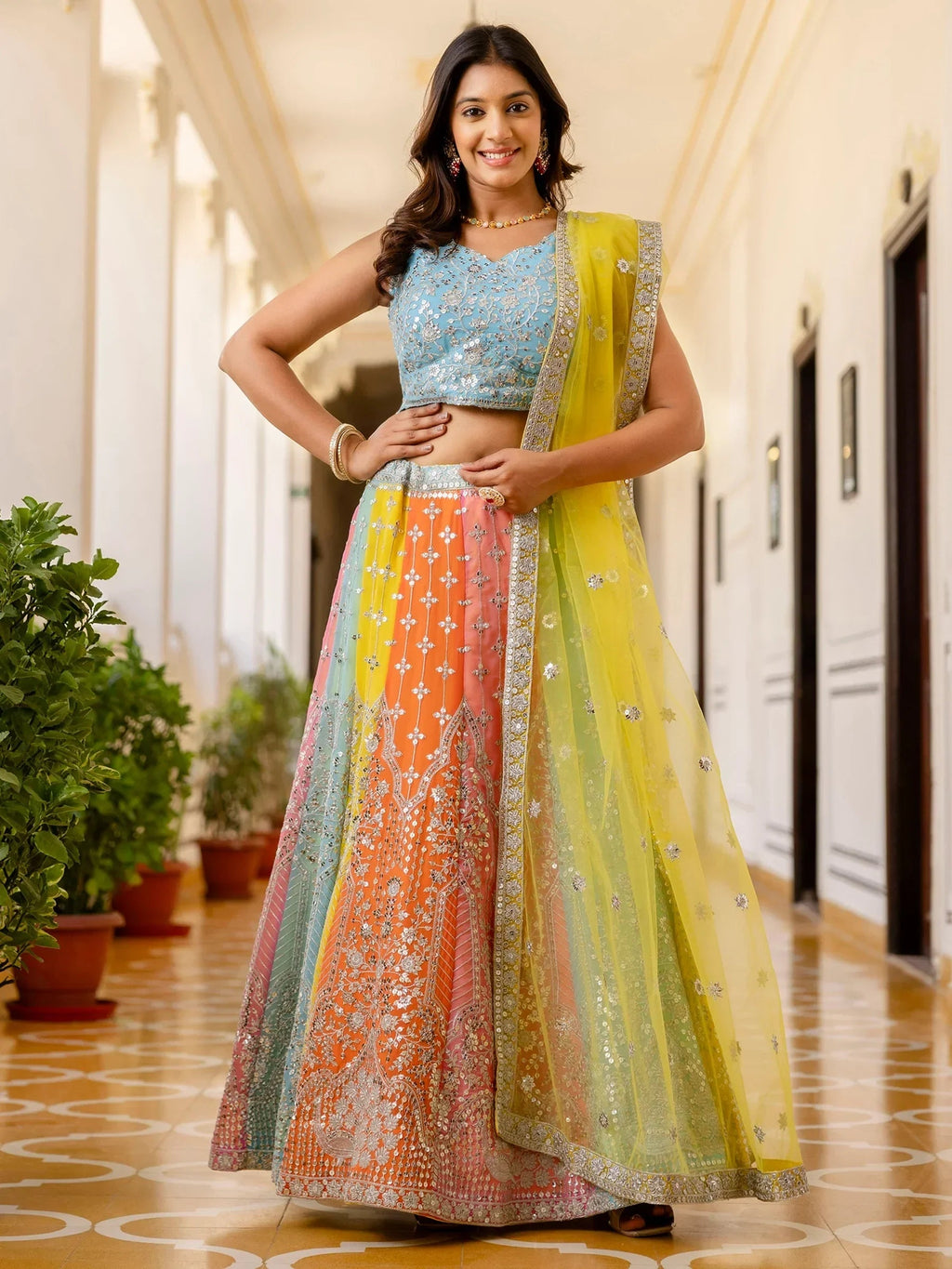 Adoring Multi Color Sequins Georgette Lehenga Choli With Dupatta