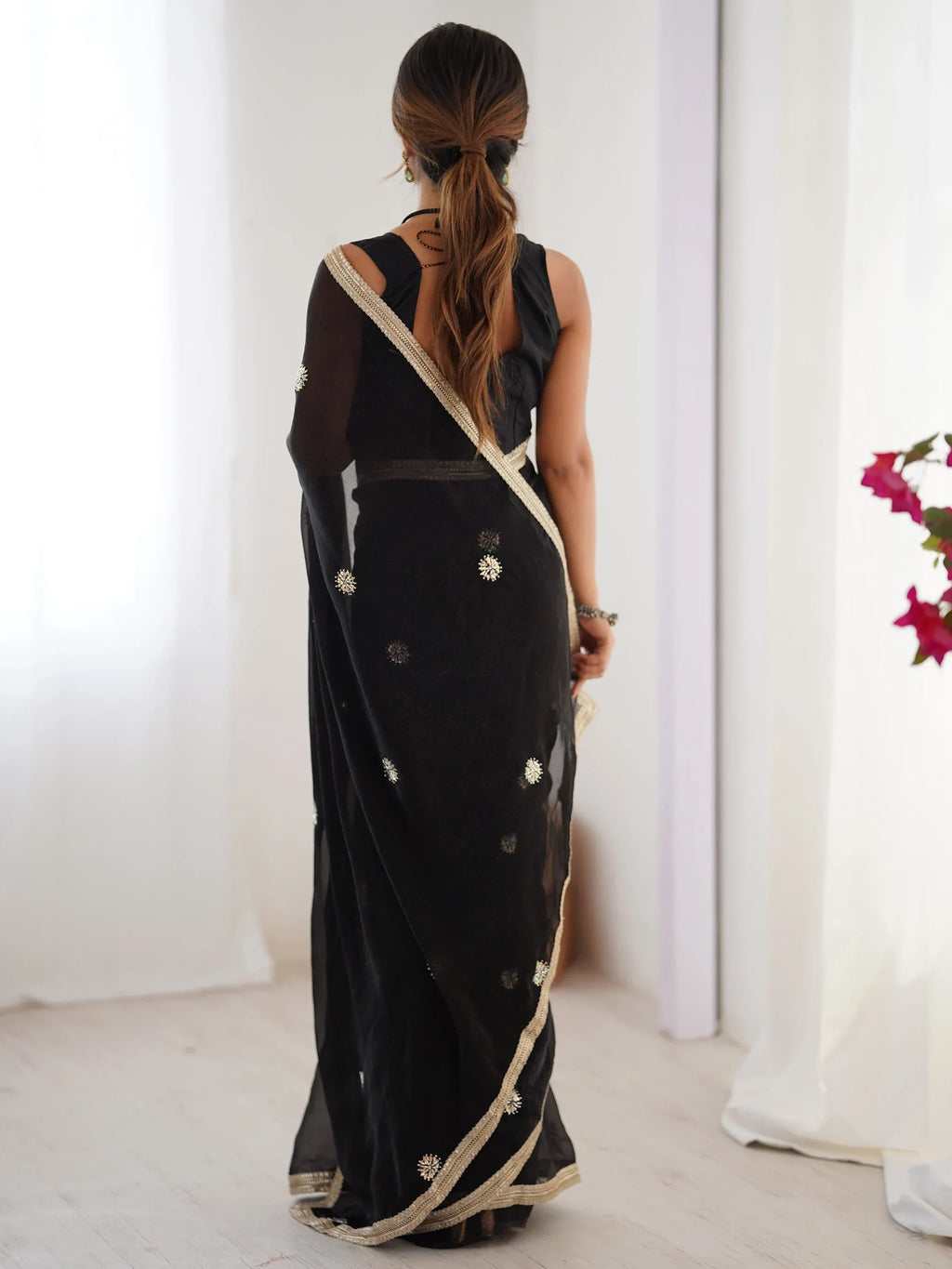 Black Adorning Silk Sequins Ceremonial Wear Saree With Blouse