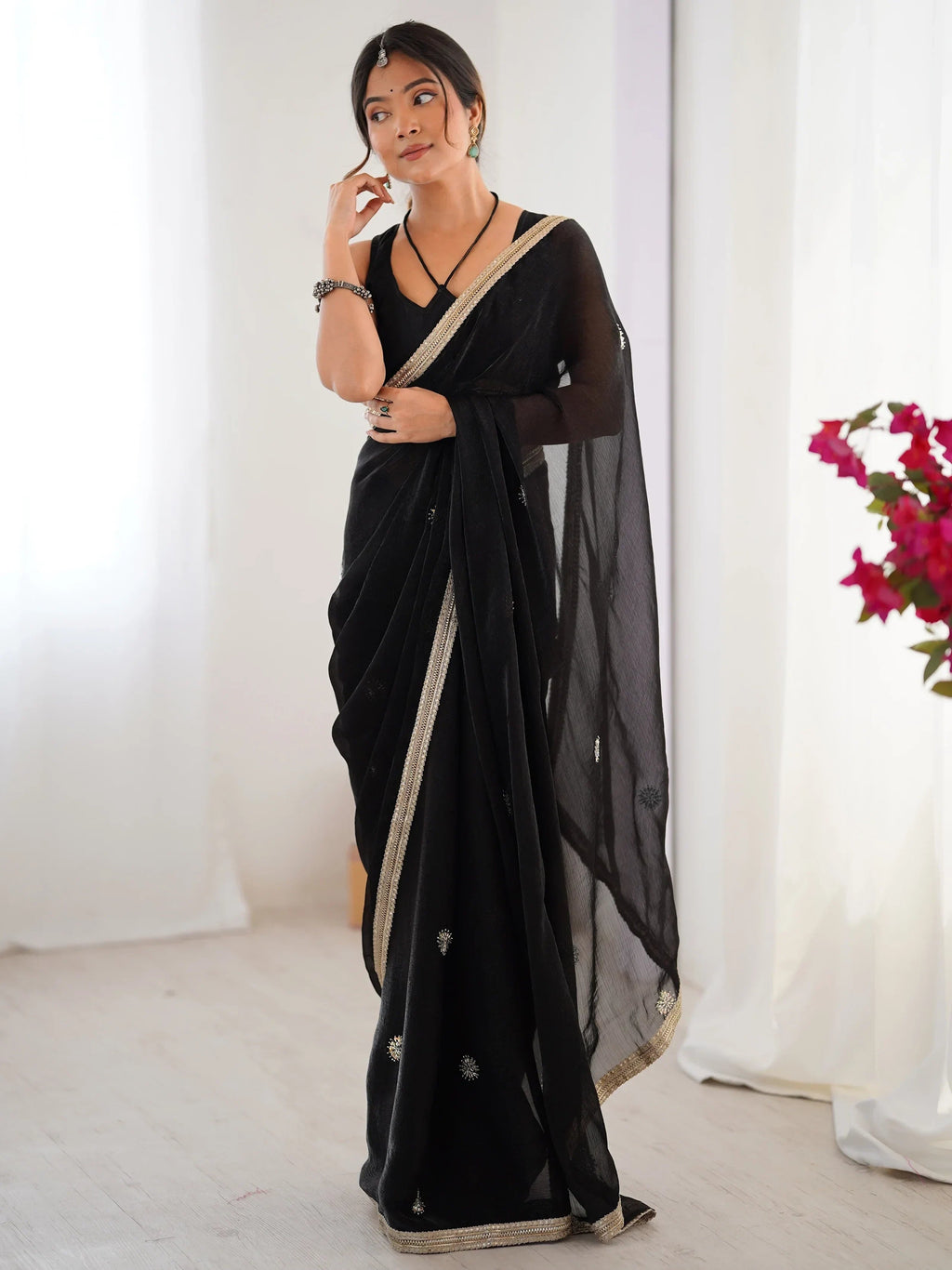 Black Adorning Silk Sequins Ceremonial Wear Saree With Blouse
