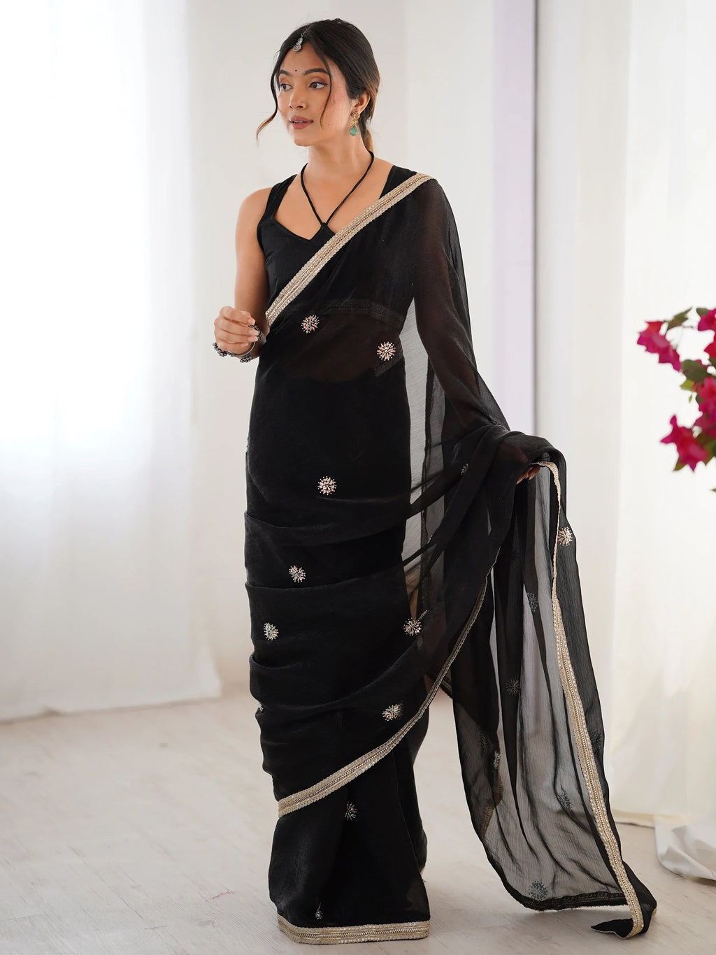 Black Adorning Silk Sequins Ceremonial Wear Saree With Blouse