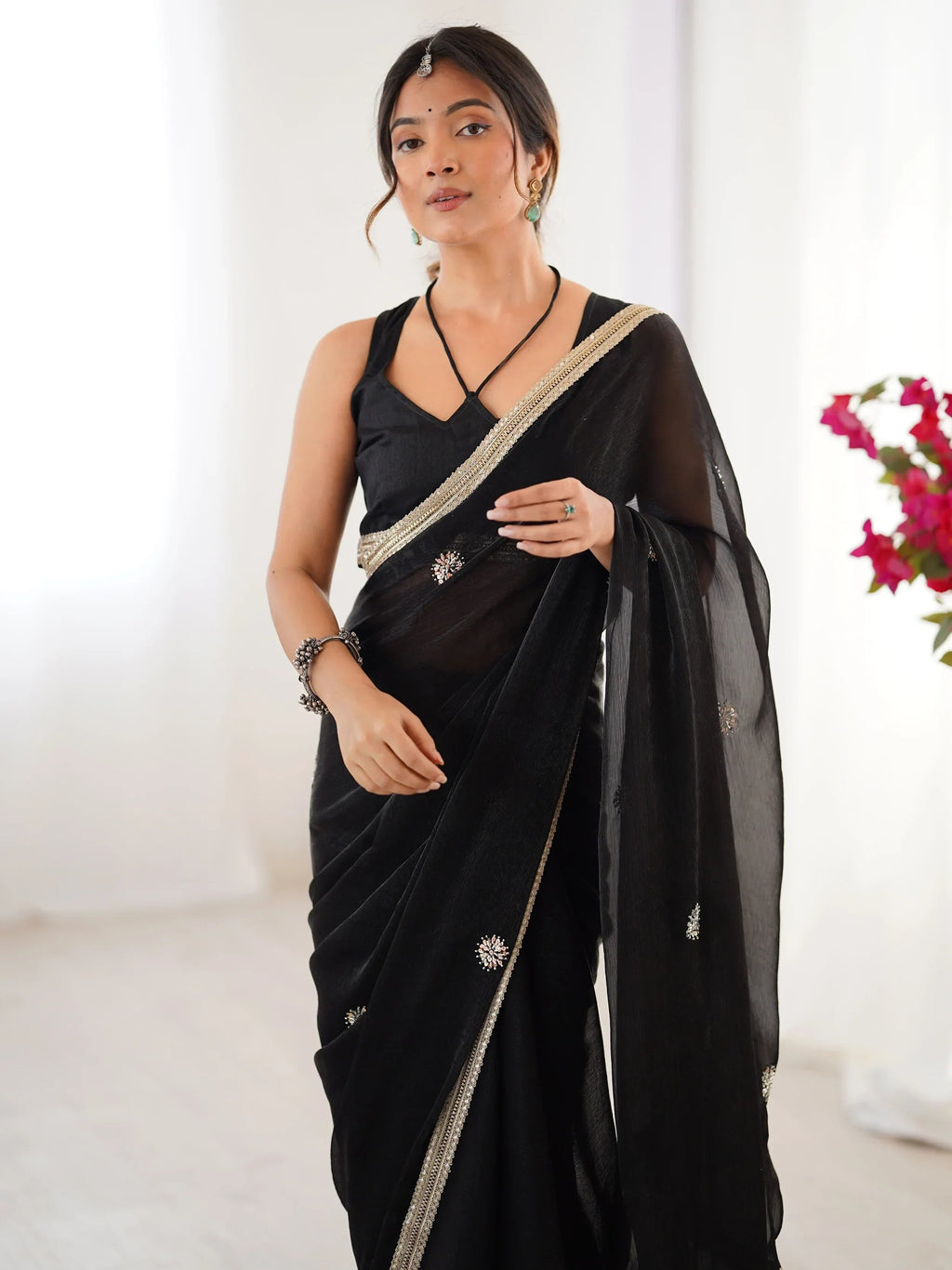 Black Adorning Silk Sequins Ceremonial Wear Saree With Blouse