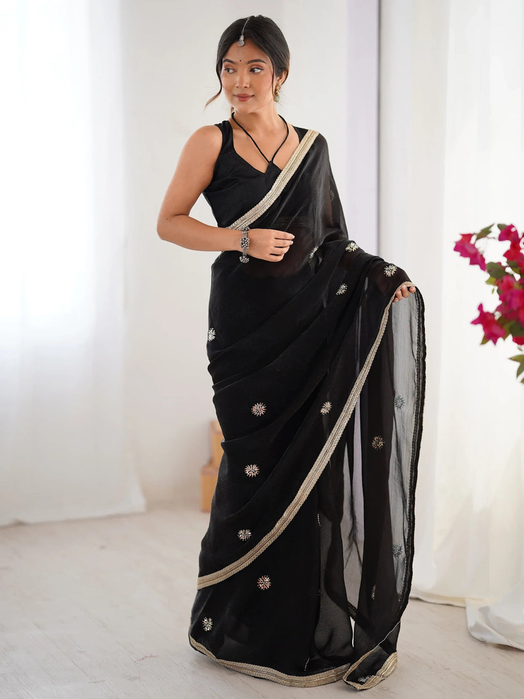 Black Adorning Silk Sequins Ceremonial Wear Saree With Blouse