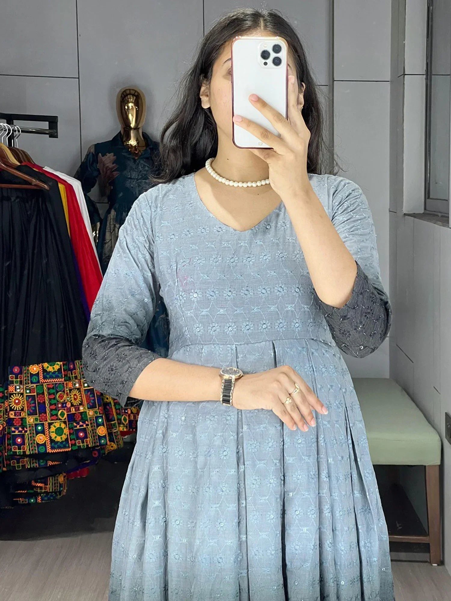Grey Adorning Shaded Cotton Casual Wear Chikankari Gown