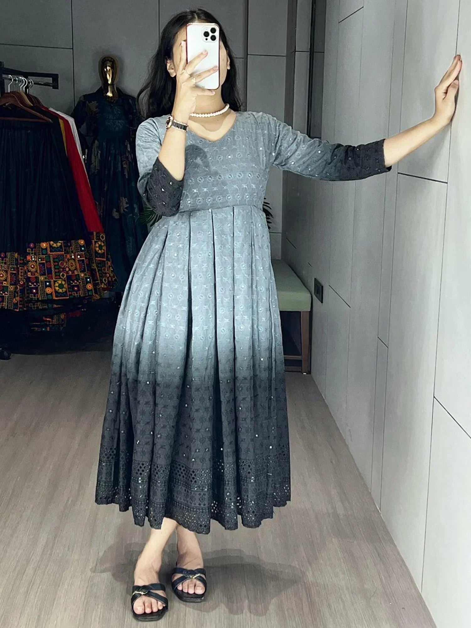 Grey Adorning Shaded Cotton Casual Wear Chikankari Gown