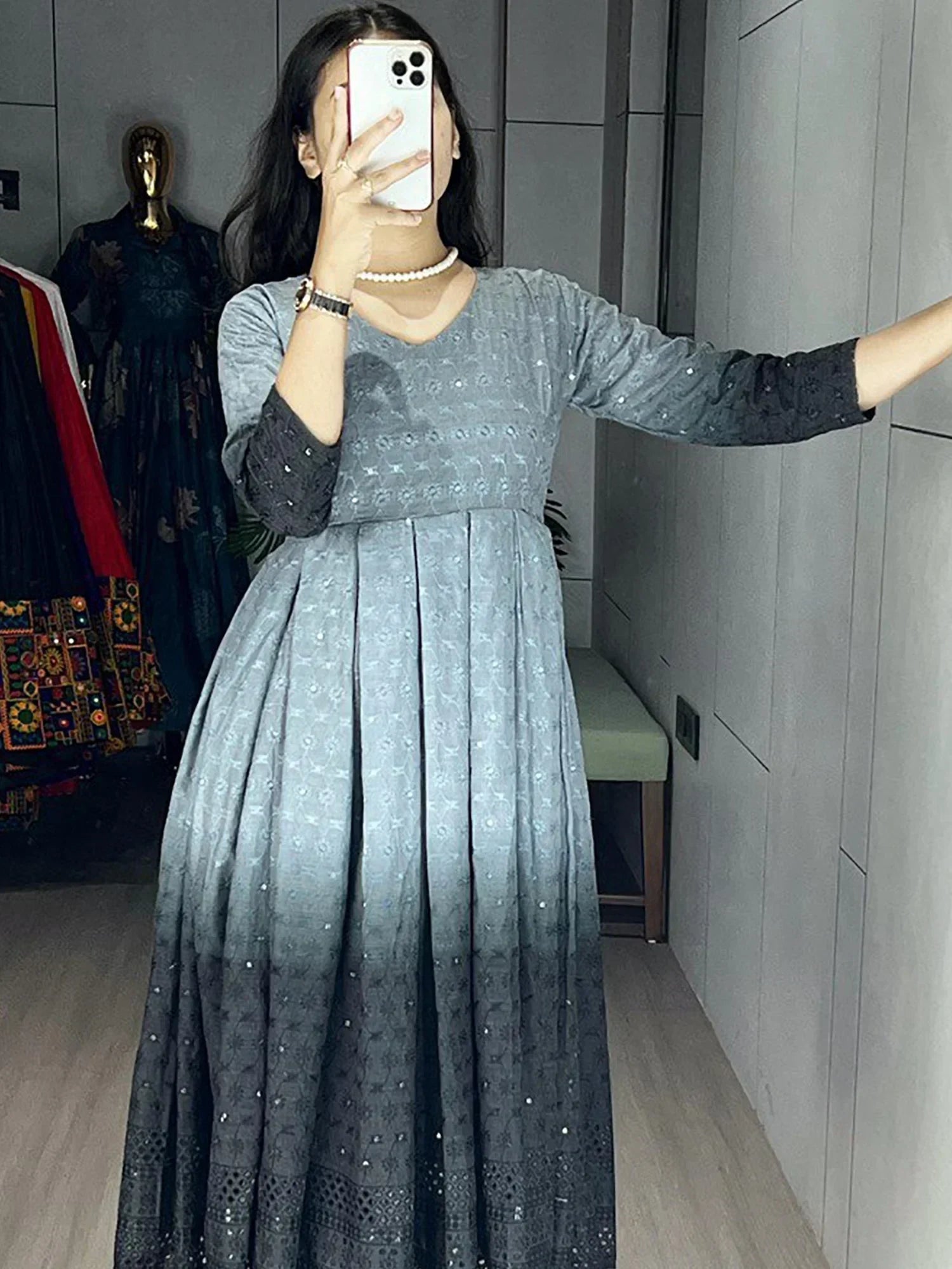 Grey Adorning Shaded Cotton Casual Wear Chikankari Gown