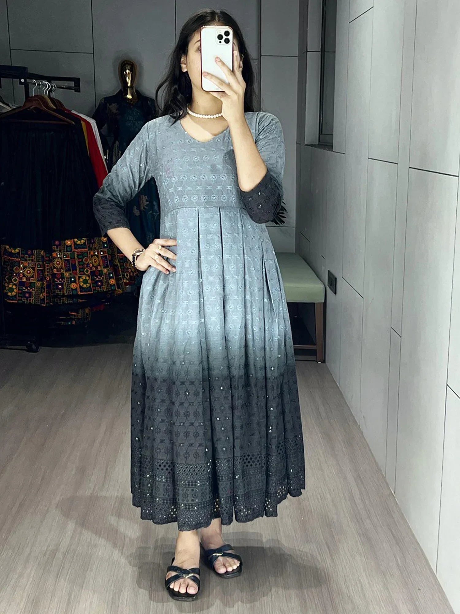 Grey Adorning Shaded Cotton Casual Wear Chikankari Gown