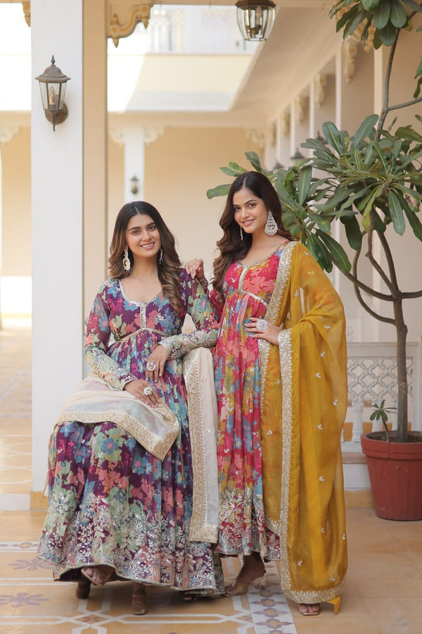 Alia Cut Digital Printed Russian Silk Gown with Dupatta