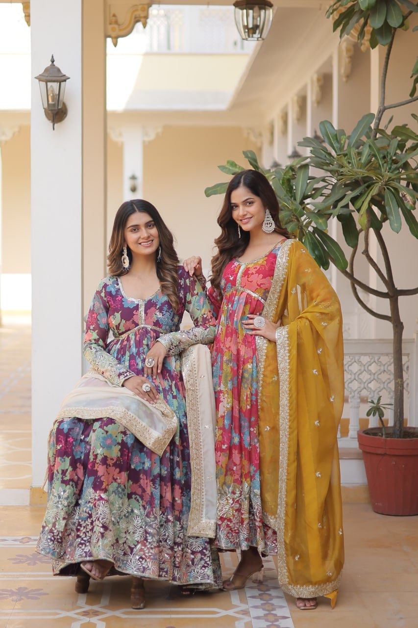 Alia Cut Digital Printed Russian Silk Gown with Dupatta