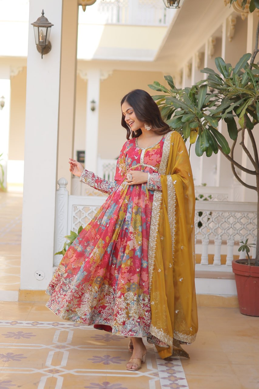 Alia Cut Digital Printed Russian Silk Gown with Dupatta
