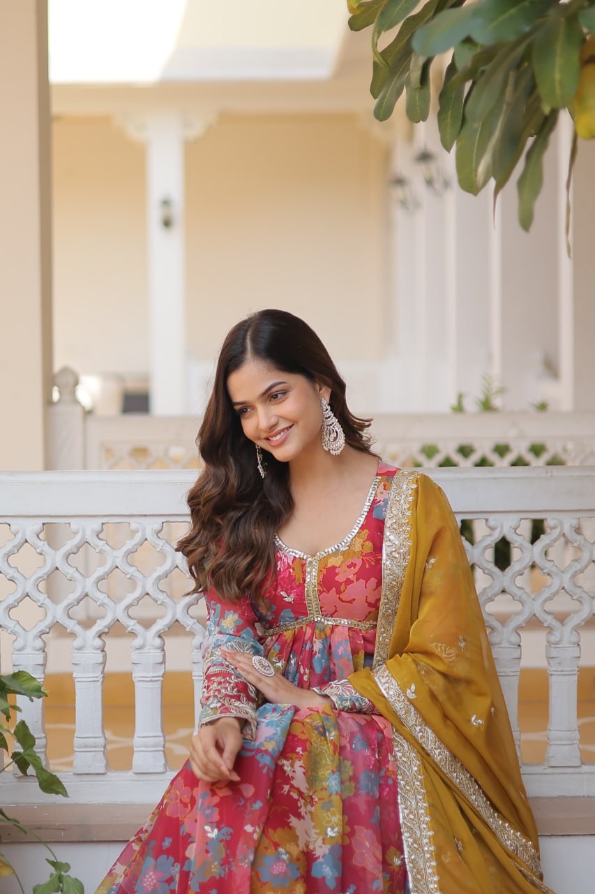 Alia Cut Digital Printed Russian Silk Gown with Dupatta