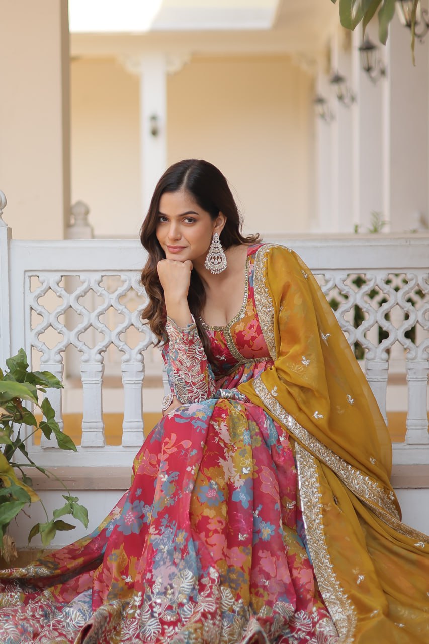 Alia Cut Digital Printed Russian Silk Gown with Dupatta