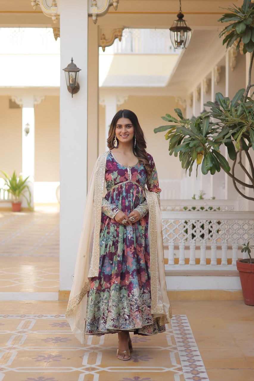 Alia Cut Digital Printed Russian Silk Gown with Dupatta