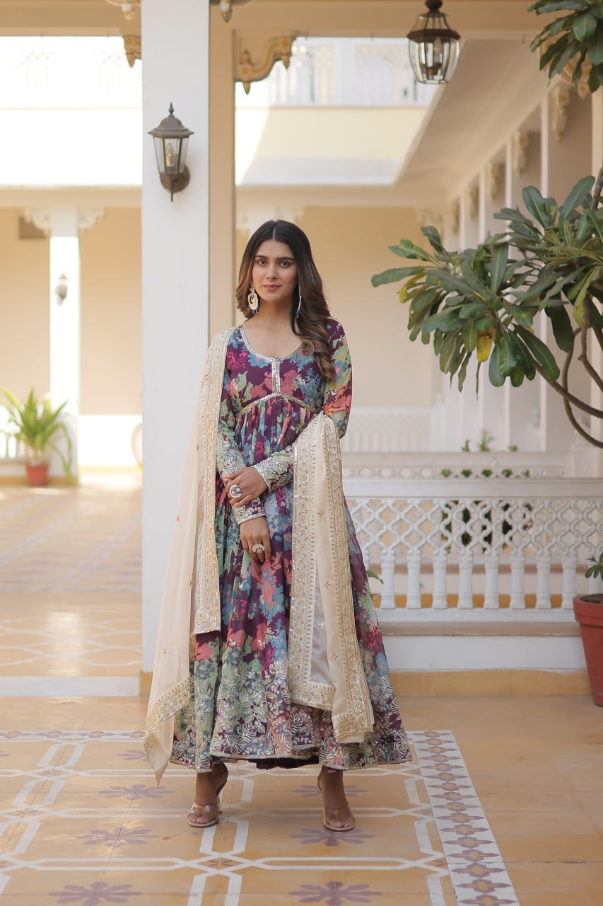 Alia Cut Digital Printed Russian Silk Gown with Dupatta