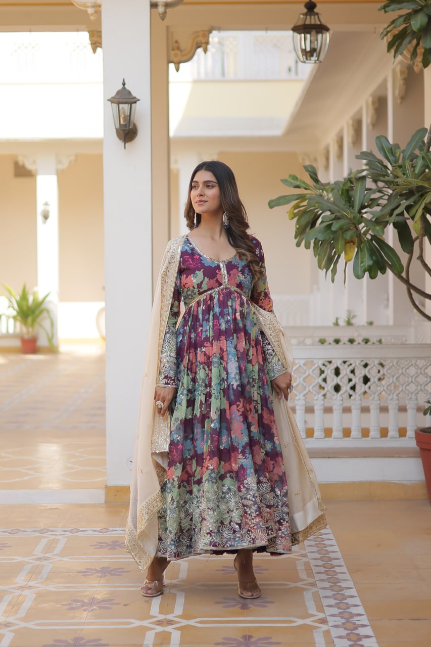 Alia Cut Digital Printed Russian Silk Gown with Dupatta