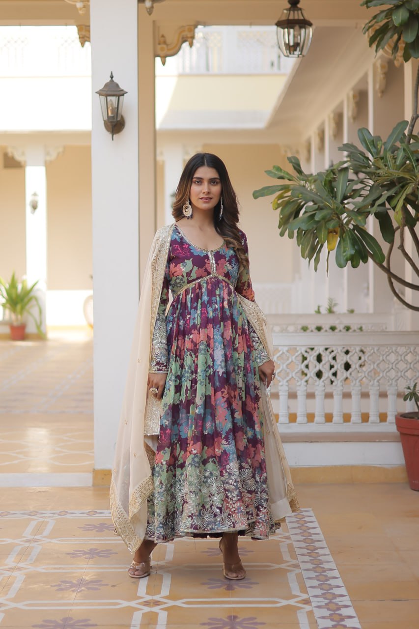 Alia Cut Digital Printed Russian Silk Gown with Dupatta
