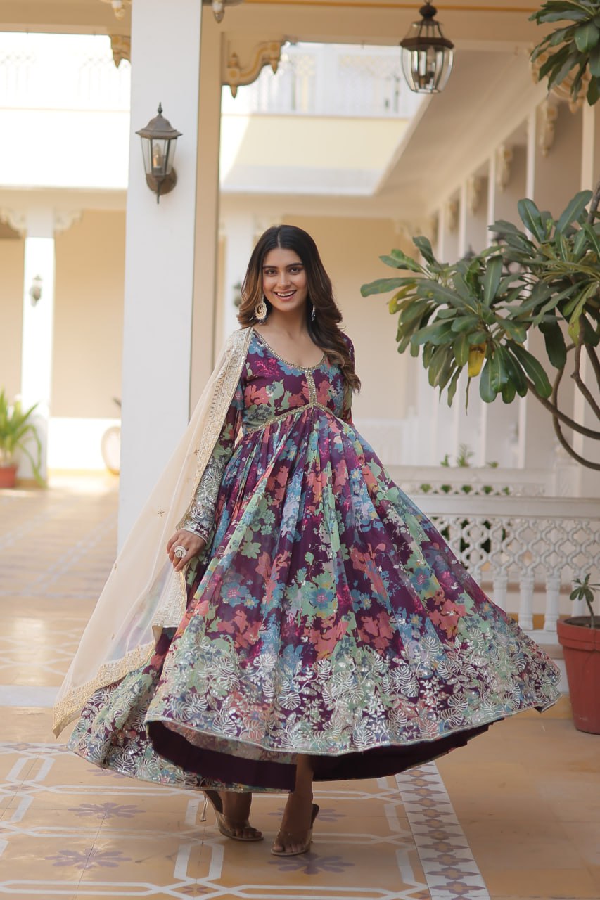 Alia Cut Digital Printed Russian Silk Gown with Dupatta