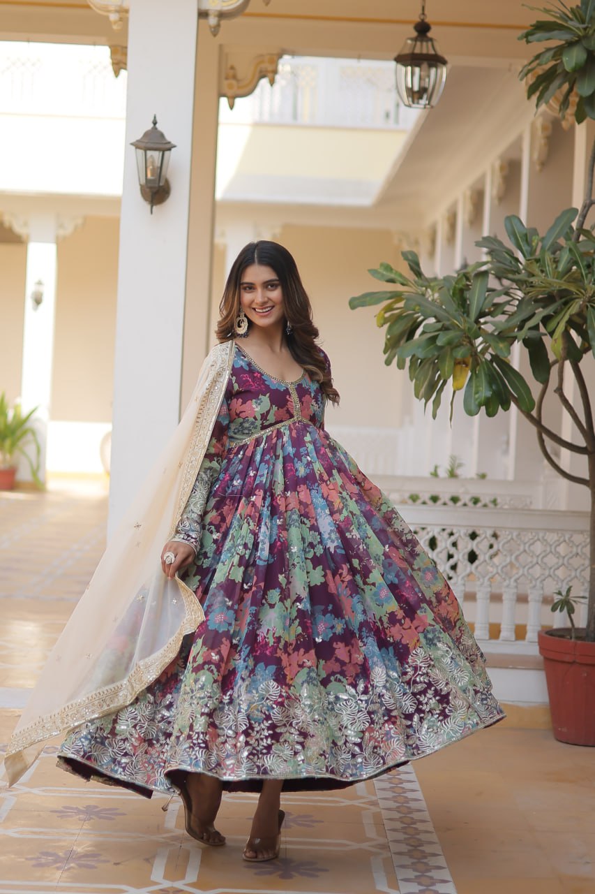 Alia Cut Digital Printed Russian Silk Gown with Dupatta