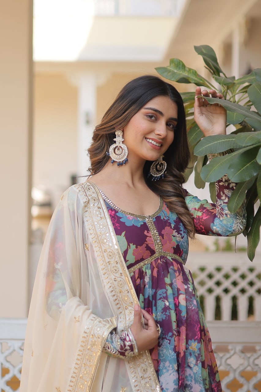 Alia Cut Digital Printed Russian Silk Gown with Dupatta