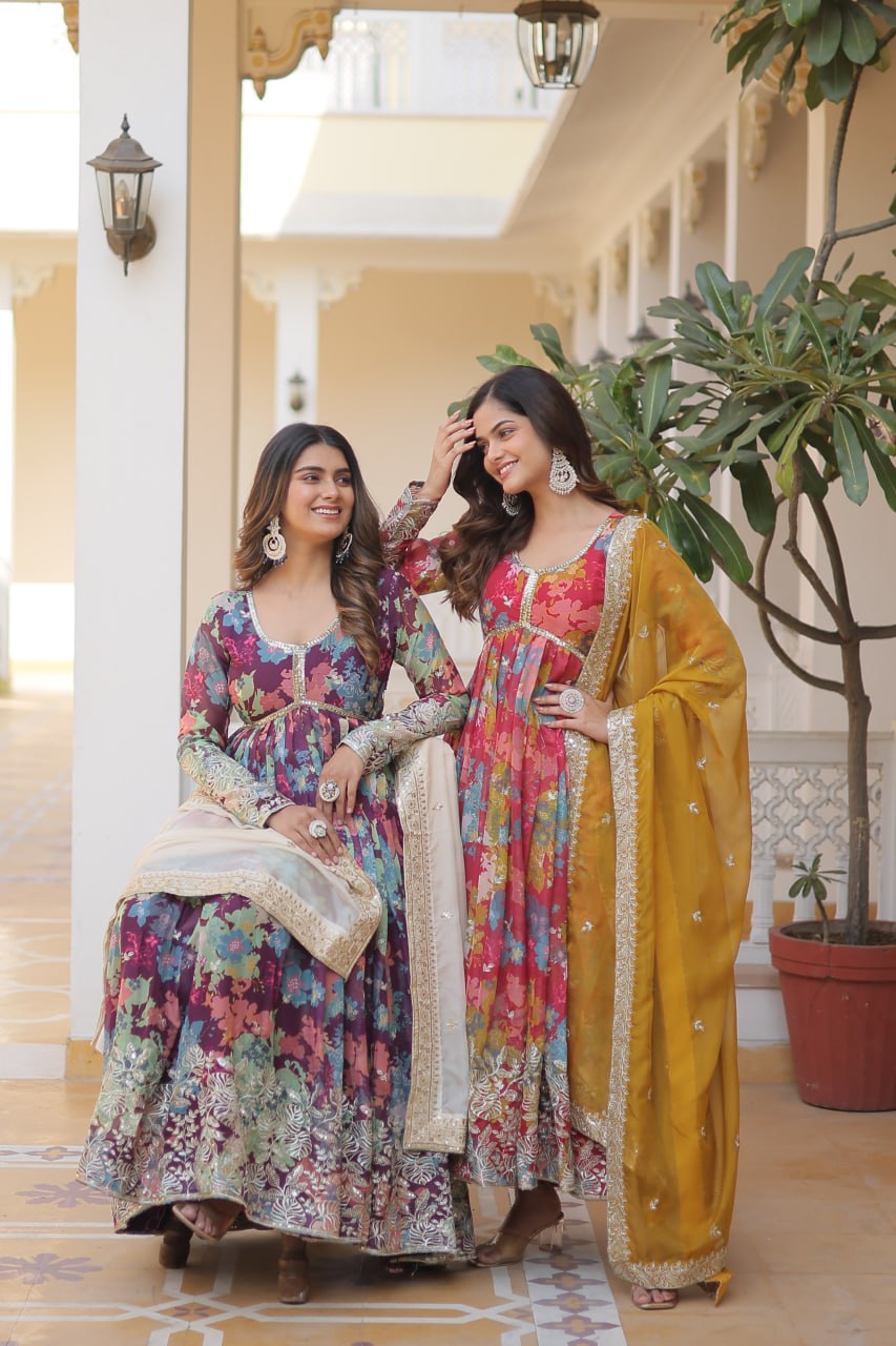 Alia Cut Digital Printed Russian Silk Gown with Dupatta