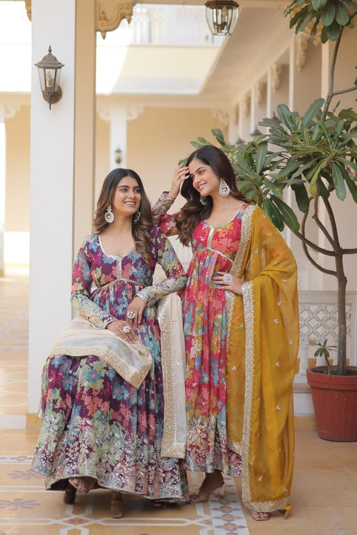 Alia Cut Digital Printed Russian Silk Gown with Dupatta