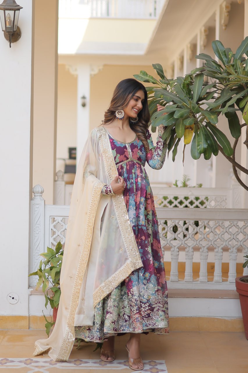 Alia Cut Digital Printed Russian Silk Gown with Dupatta
