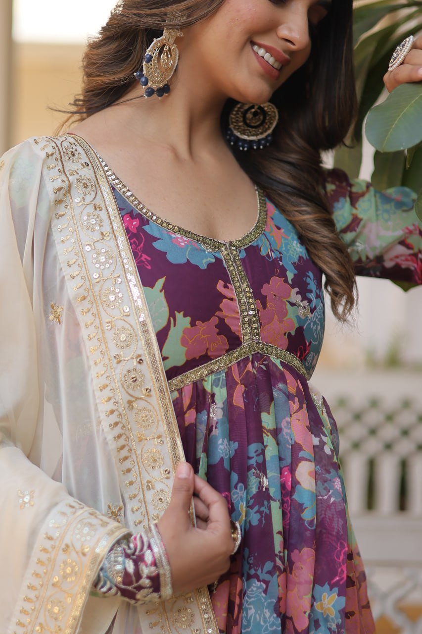 Alia Cut Digital Printed Russian Silk Gown with Dupatta