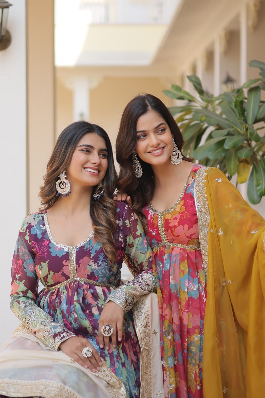 Alia Cut Digital Printed Russian Silk Gown with Dupatta