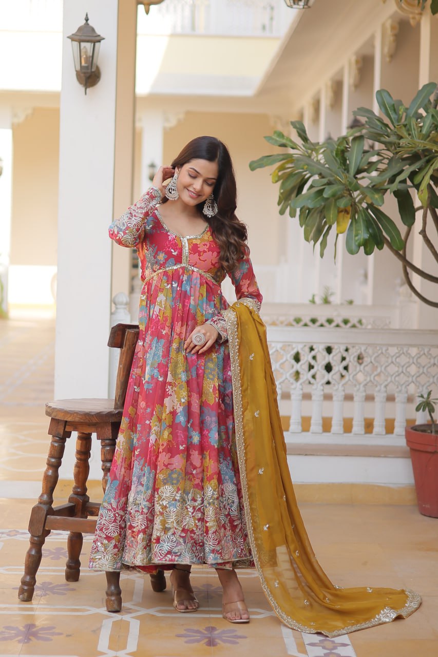 Alia Cut Digital Printed Russian Silk Gown with Dupatta